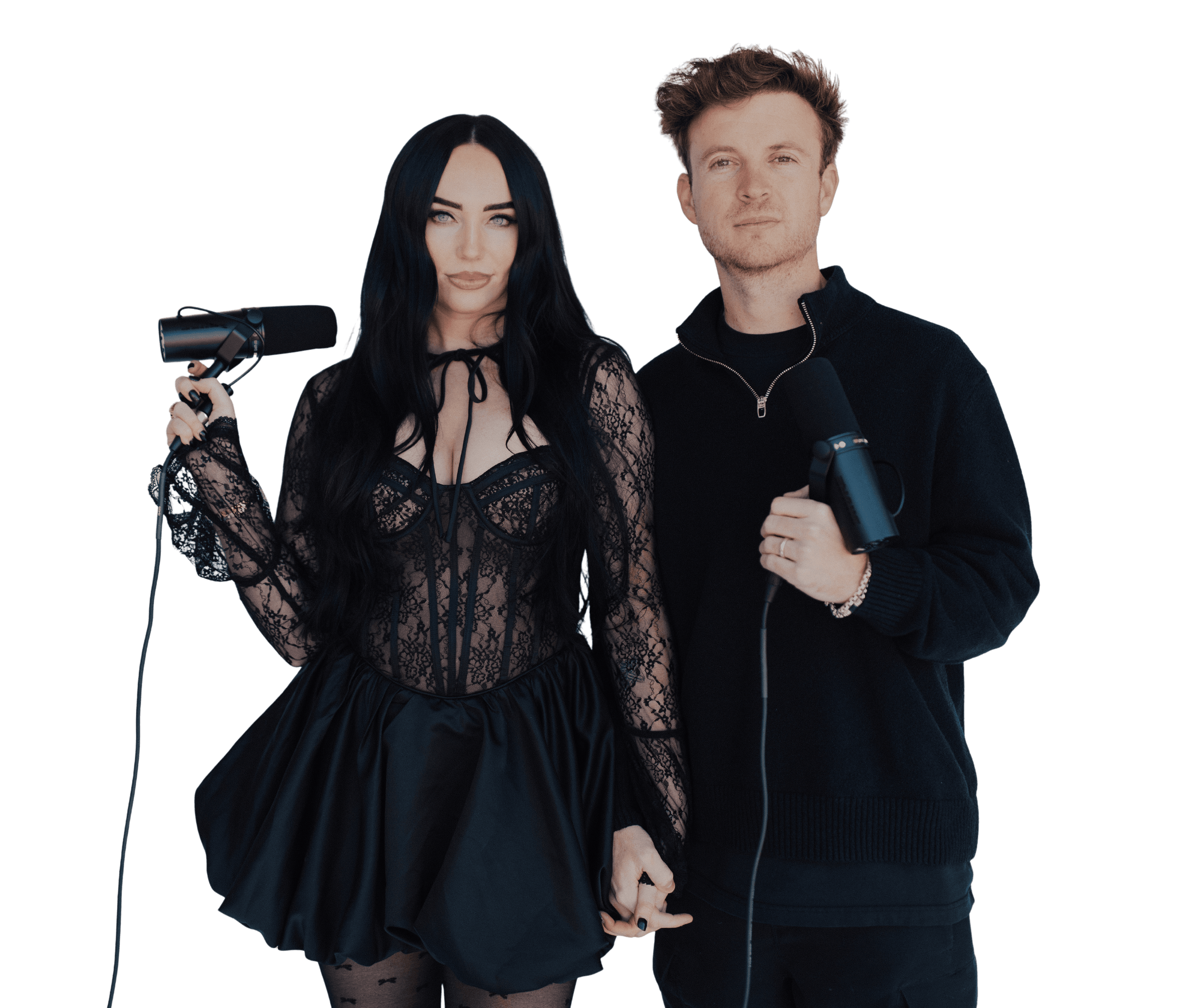 Payton and Garrett Moreland holding microphones